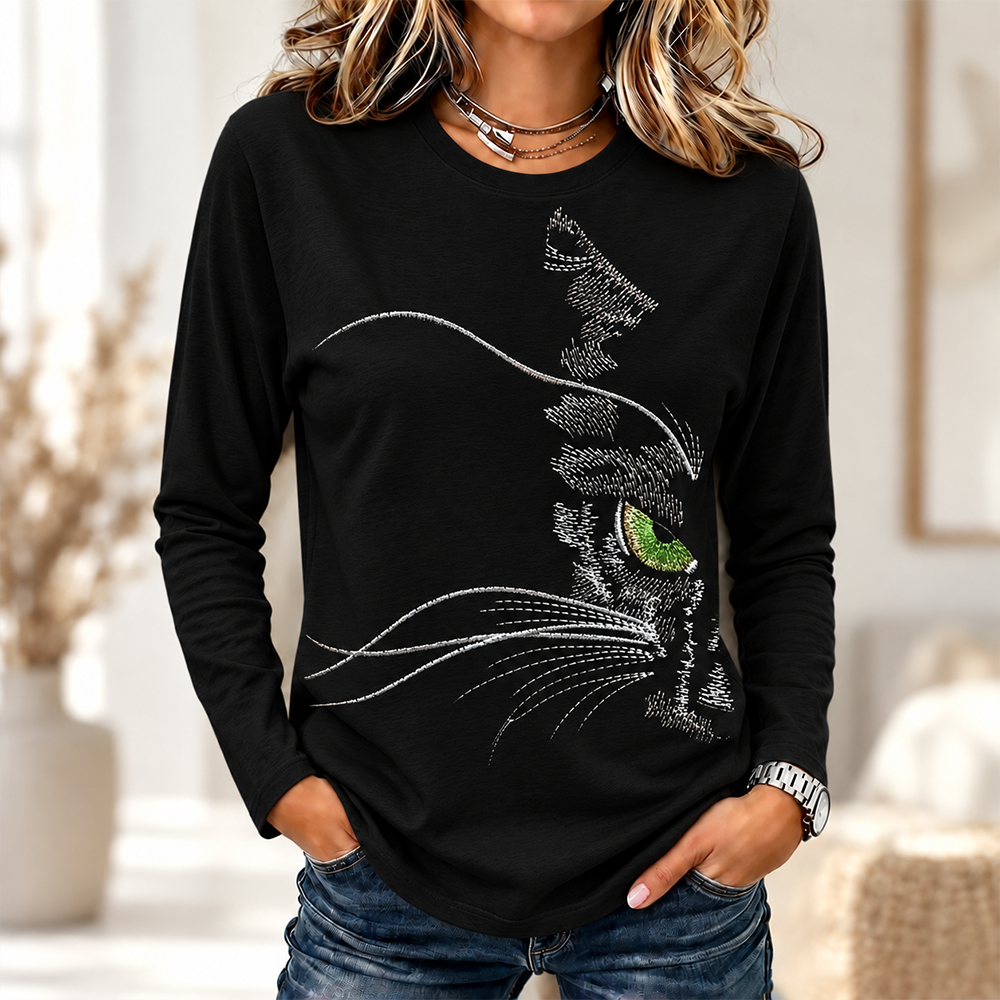 Cardydony Women's Black Green Eyes Cat Graphic Long-sleeve T-shirt
