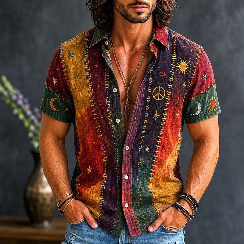Cardydony Men's Vintage Patchwork Peace Sign Sun Moon Star Art Print Cotton Linen Shirt