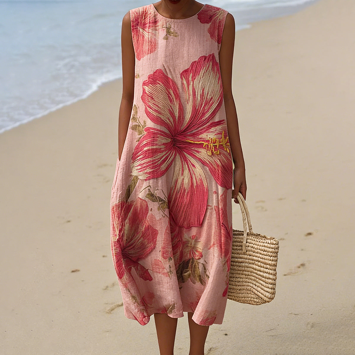 Cardydony Women's Vintage Hibiscus-patterned Casual Linen Dress
