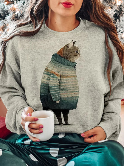 Cardydony Vintage Cat Print Round Neck Long Sleeve Sweatshirt