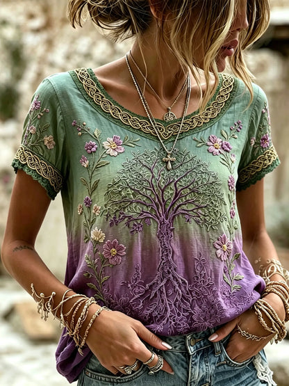 Cardydony Women's Vintage Bohemian Viking Style Round Neck Top With Embroidered Tree Of Life And Floral Print.