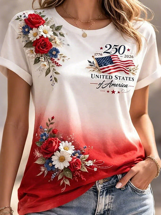 Cardydony Women's American 250th Anniversary Floral Art Round Neck T Shirt