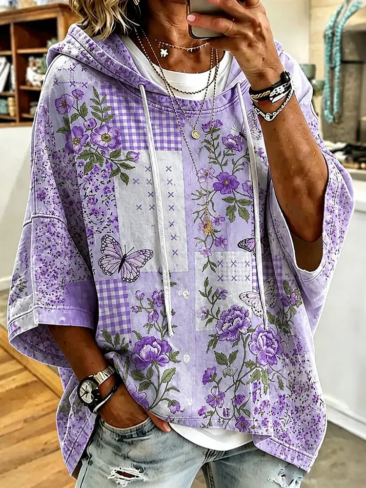 Cardydony Women's Vintage Floral And Butterfly Geometric Patterns Print Hooded Sweatshirt