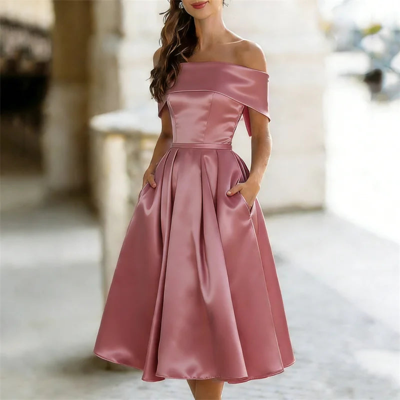 Cardydony Classy Off Shoulderwide Skirted Satin Maxi Dress