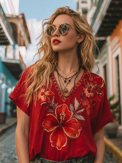Cardydony Women's Retro Hibiscus Pattern Casual Linen Blend T-shirt