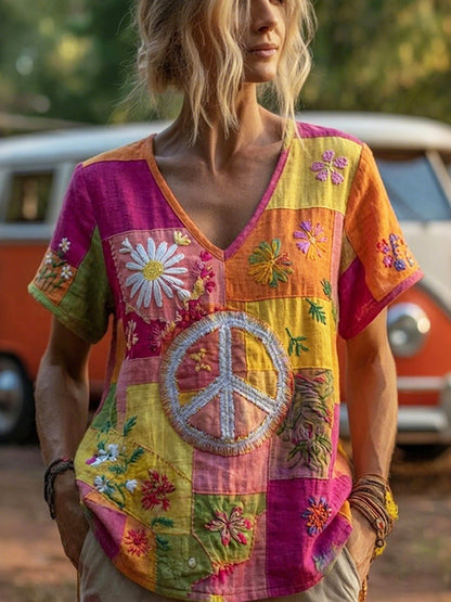 Cardydony Vintage Hippie Peace & Love Daisy Floral Patchwork Print Linen T-shirt