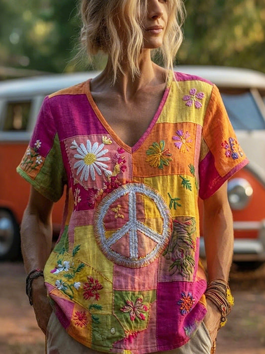 Cardydony Vintage Hippie Peace & Love Daisy Floral Patchwork Print Linen T-shirt