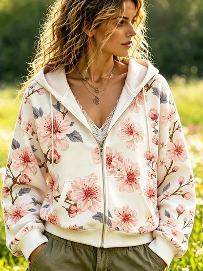 Cardydony Women's Floral Zip-up Hoodie - Pink Cherry Blossoms And Branches Print Casual Sweatshirt Jacket
