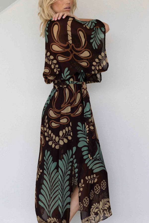 Cardydony Women's Bohemian Style Unique Printed Chiffon Loose-fitting Belted Maxi Dress