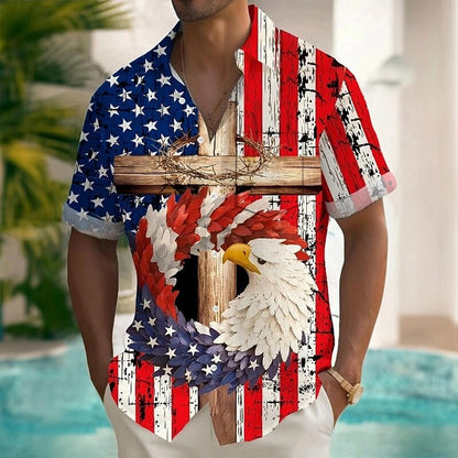 Cardydony Men's American Us Flag Eagle Patriotic Pocket Button Up Shirt