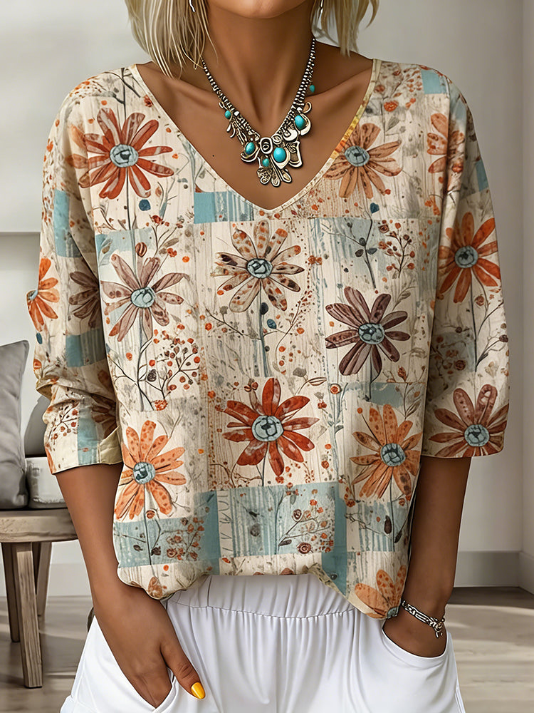 Cardydony Women's Bohemian Vintage Floral Art Print Flowy Linen Blend Casual Tops