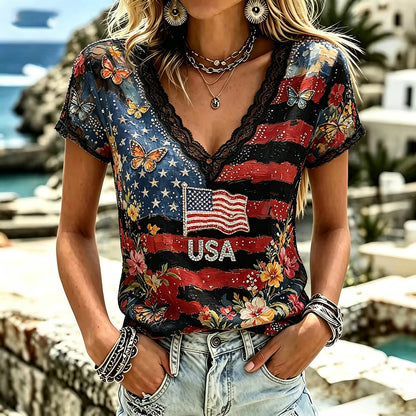 Cardydony Women's Independence Day Anniversary Flag Art Comfortable Cotton Linen V-neck Short Sleeve Top