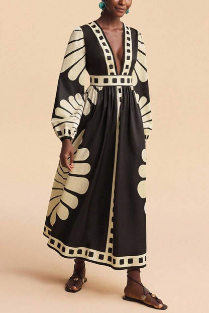Cardydony Women's  Unique Print V-Neck Long Sleeve Casual Vacation Maxi Dress