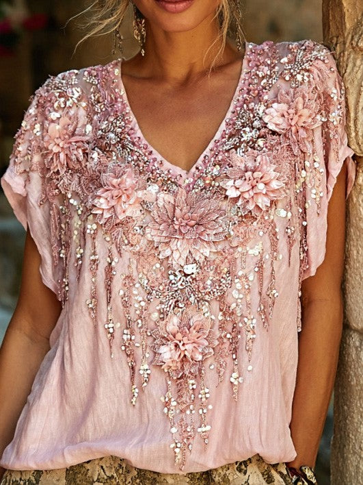 Cardydony Women's Bohemian-style Floral Embroidered Sequined V-neck Top