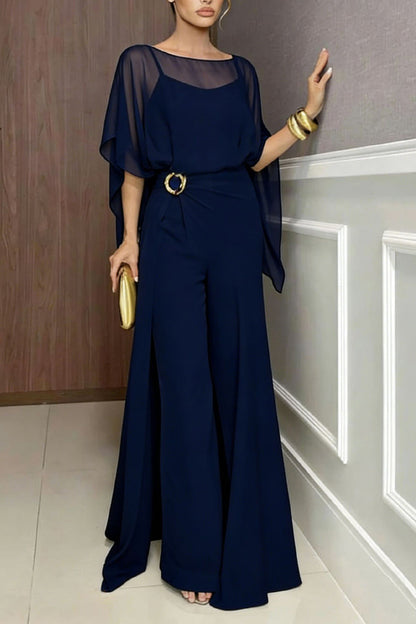 Cardydony Women's Vivian Chiffon Cape Top and  Metal Buckle Wrap Wide-Leg Pants Set