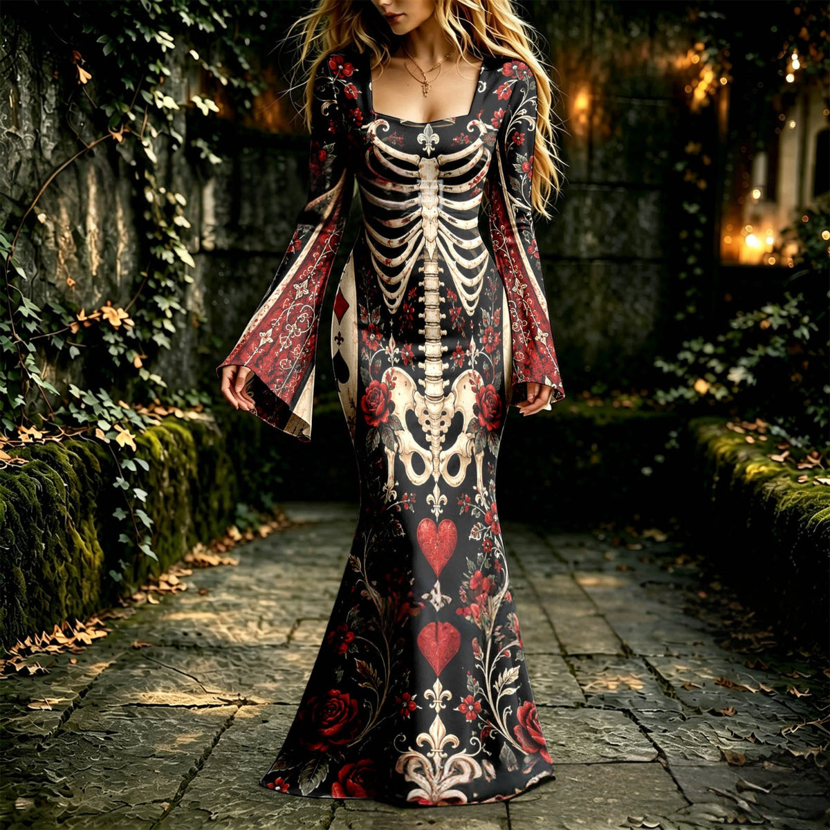 Cardydony Women's Retro Halloween Gothic With Floral Pattern Print Round-neck Maxi Dress