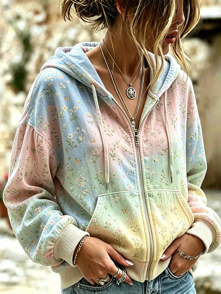Cardydony Vintage Pink Floral And Butterfly Art Print Gradient Zip-up Hoodie