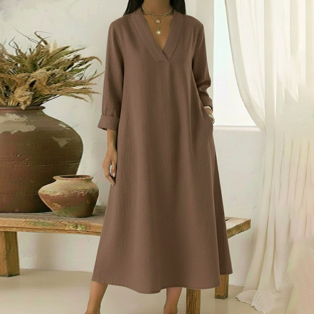 Cardydony Women's Elegant V-neck Linen-cotton Maxi Dress