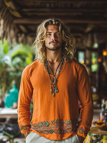 Cardydony Retro Bohemian Floral Art Embroidery Print Cotton And Linen Blend Loose Tops