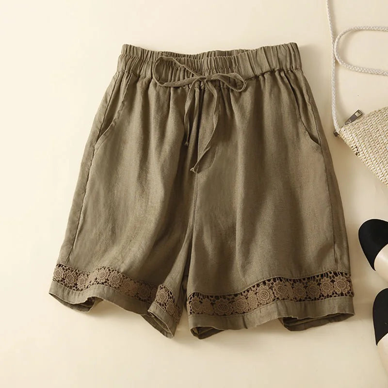 Cardydony Women's Retro Solid Color Lace Elastic Waist Cotton And Linen Shorts