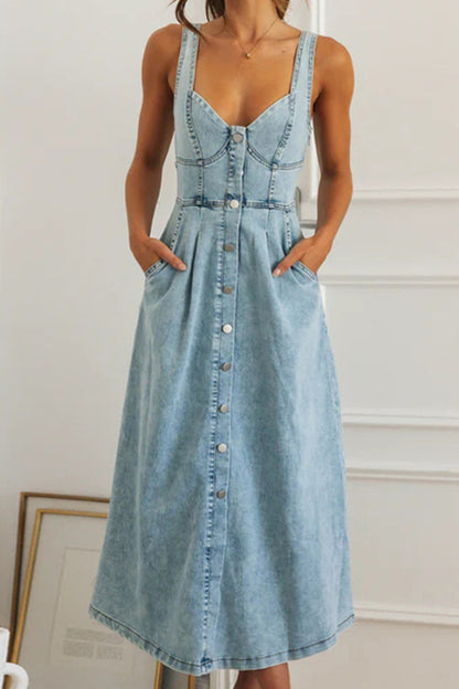 Cardydony Women's Stylish Single-breasted Fitted Waist Gathered Back Denim Maxi Dress