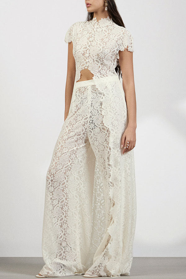 Cardydony Women's Elegance Avant-garde Floral Lace Short Sleeve High Low Top and High Rise Wide Leg Pants Set