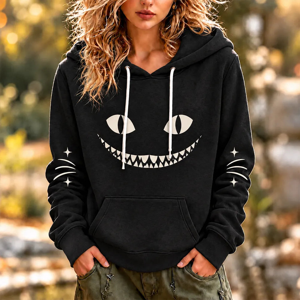 Cardydony Women's Black Cat Grin Silhouette Drawstring Hooded Sweatshirt
