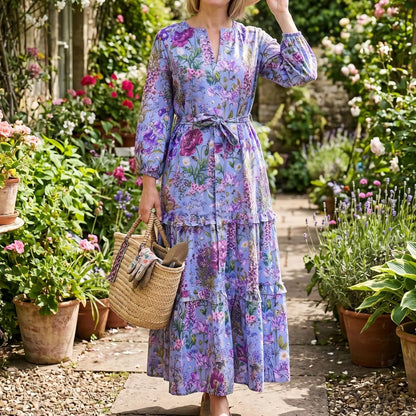 Cardydony Women's Flowers Print Small V-neck Linen Blend Dress
