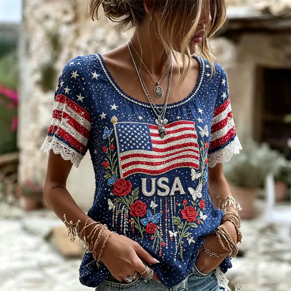 Cardydony Women's Vintage Independence Day Flag Floral Art Comfortable Casual Crew Neck T-shirt
