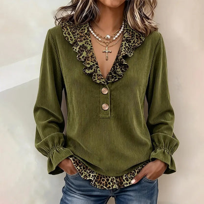 Cardydony Women's Fall Winter Cozy Elegant Leopard Corduroy Top