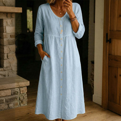 Cardydony Women's Solid Color Buttons Linen Blend Maxi Dress