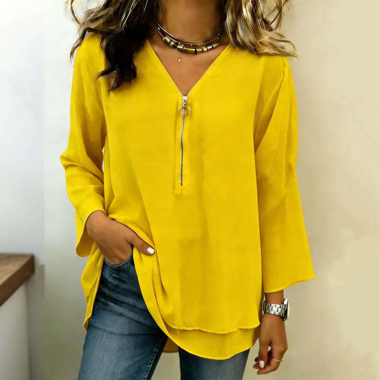 Cardydony Women's Casual Double Layer Design Three-quarter Sleeve Zipper Chiffon Top