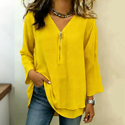 Cardydony Women's Casual Double Layer Design Three-quarter Sleeve Zipper Chiffon Top