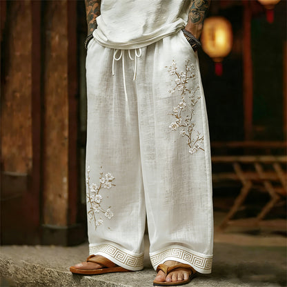 Cardydony Men's Classy White Almond Blossom Linen Pants