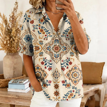 Cardydony Women's Ethnic Print Casual Retro Polo Shirt
