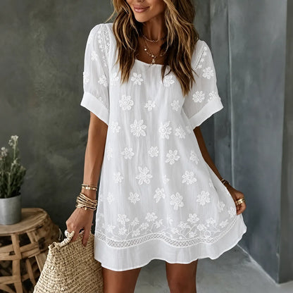 Cardydony Women's White Rose Art Embroidered Linen Blend Round Neck Maxi Dress