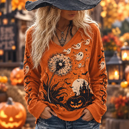 Cardydony Omen's Halloween Orange Ghost And Dandelion Print V-neck Long Sleeve Top