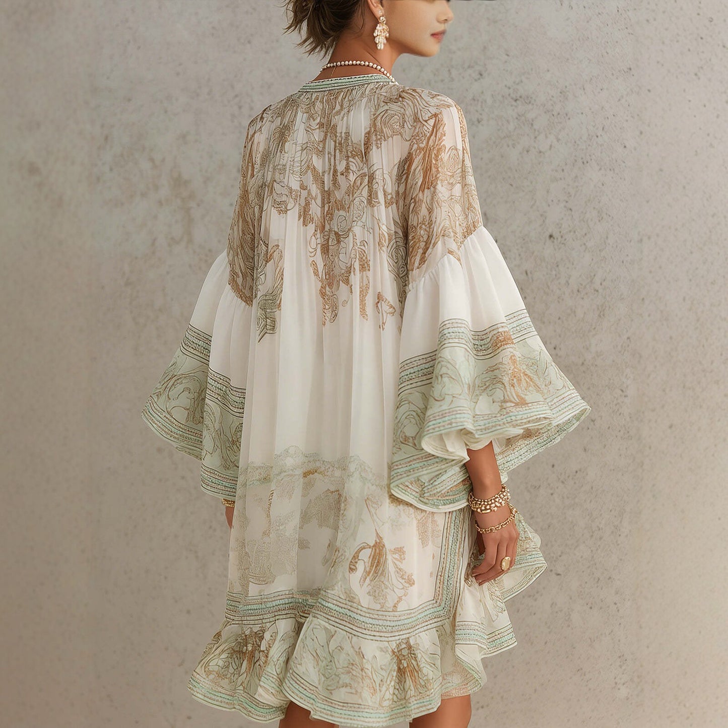Cardydony Hermokrates Bell Sleeve Print Ruffle Mini Dress