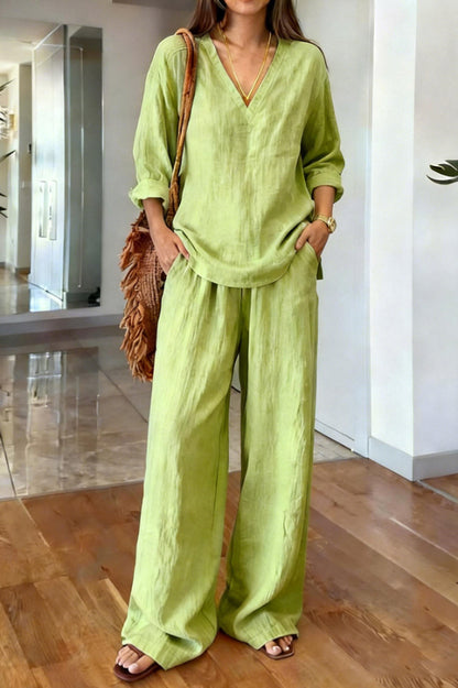 Cardydony Women's Linen Blend V-neck Long-sleeved Loose Top and Elastic Waist Casual Pocket Pants Set