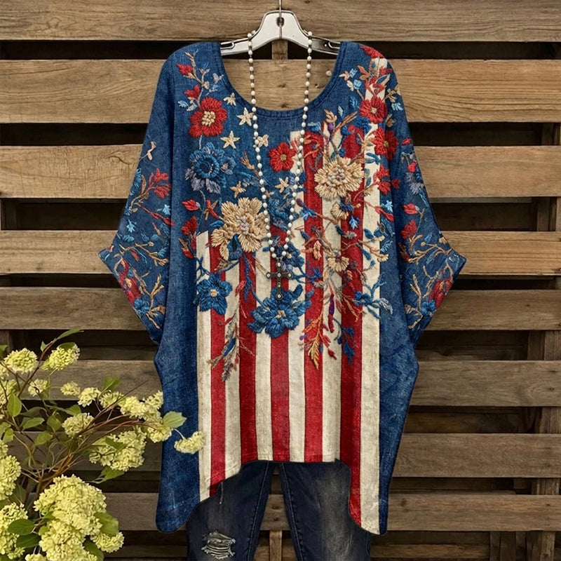 Cardydony Women's Floral Flag Stripe Art Print Casual Linen T-shirt