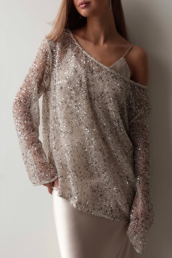 Cardydony Women's Fashionable Sequined Cutout Casual Long-sleeved Loose Cover-up Top