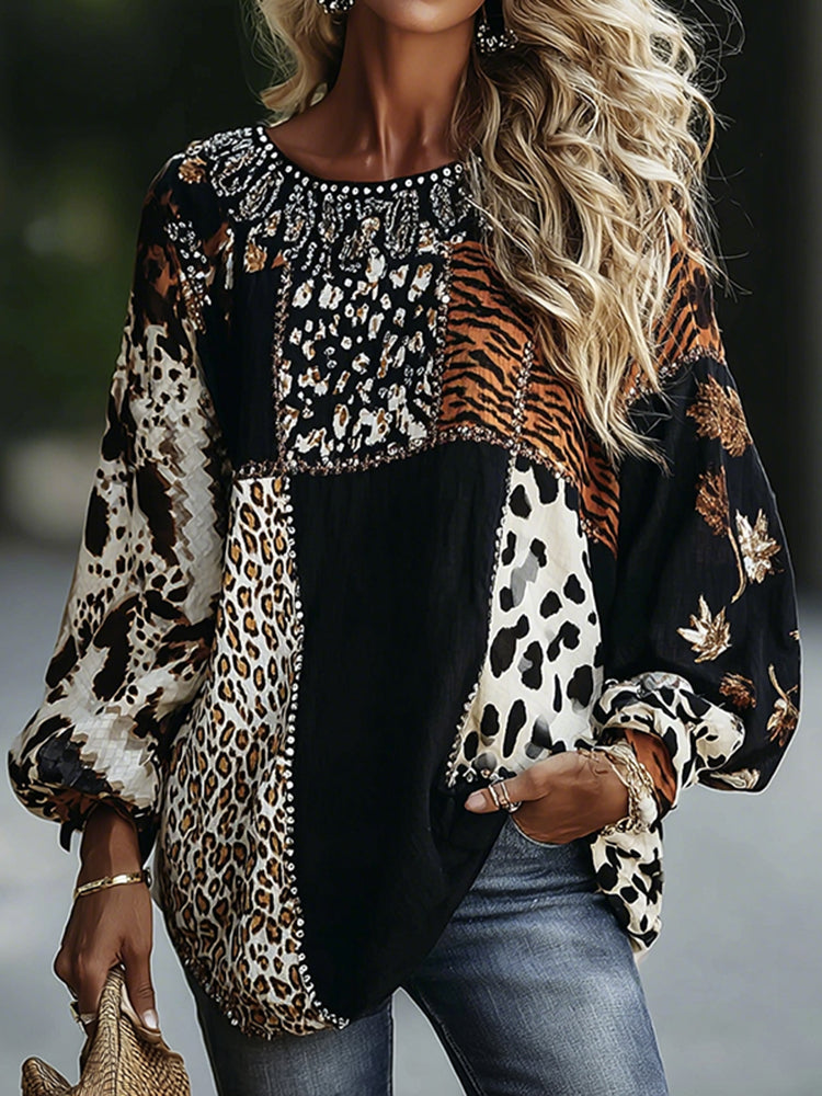 Cardydony Vintage Leopard And Animal Patchwork Art Pattern Linen Blend Loose Round Neck Tops