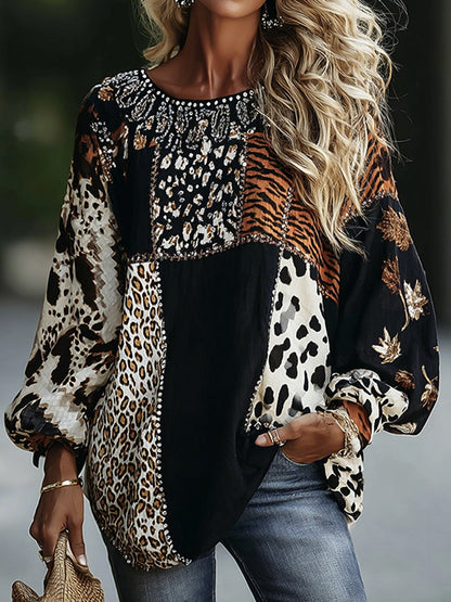 Cardydony Vintage Leopard And Animal Patchwork Art Pattern Linen Blend Loose Round Neck Tops