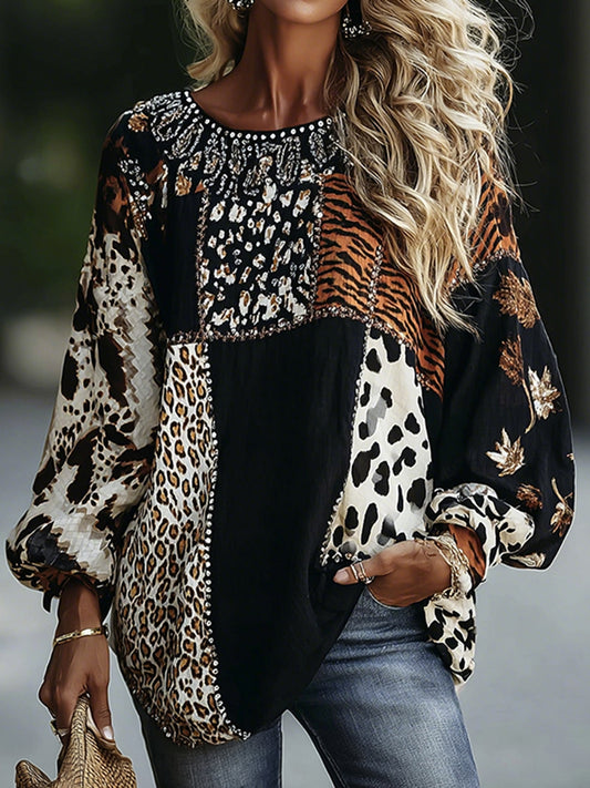 Cardydony Vintage Leopard And Animal Patchwork Art Pattern Linen Blend Loose Round Neck Tops