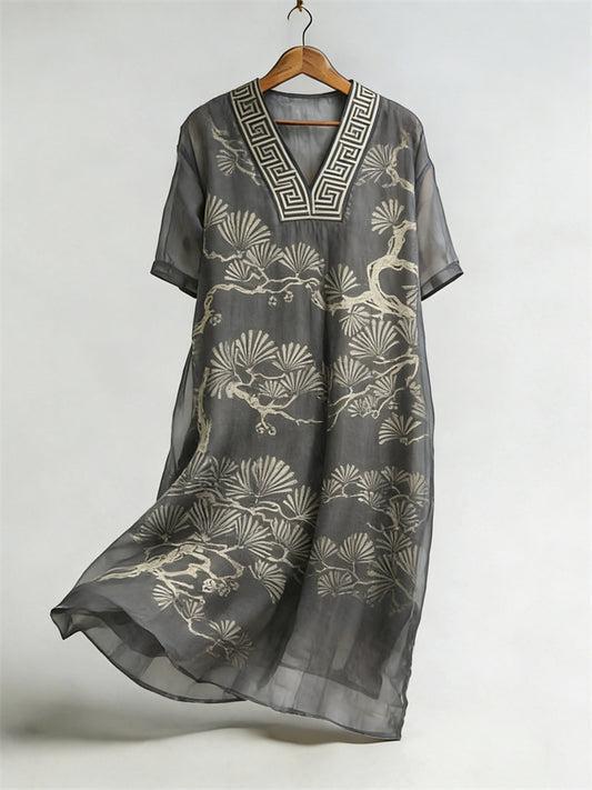 Cardydony Pine Trees Japanese Lino Art Flowy Linen Maxi Dress