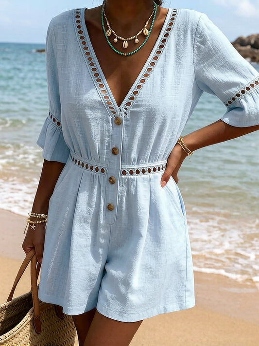 Cardydony Women's Vintage Hollow-out Design Cotton Linen Mini Jumpsuit