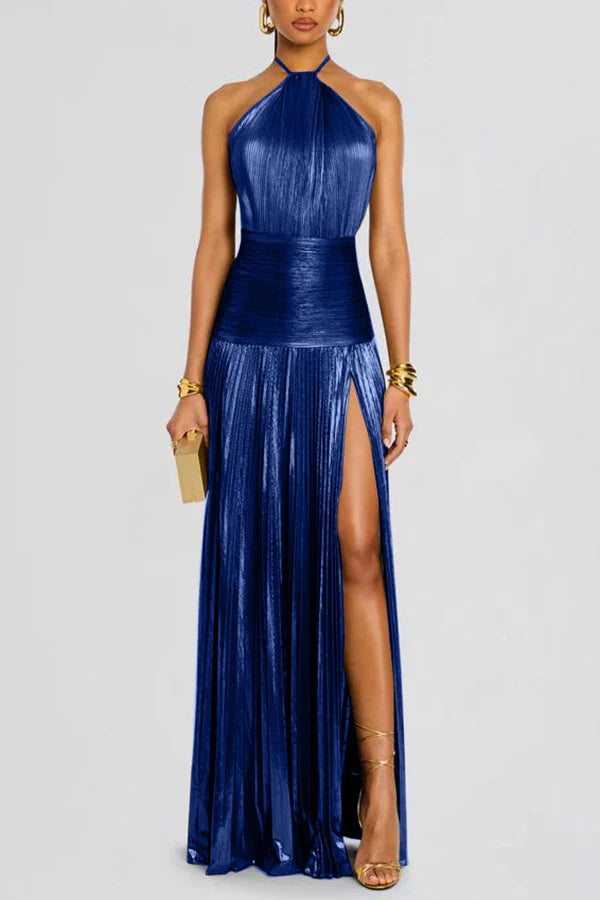 Cardydony Women's Glamorous Metallic Pleated Fabric Open Back Halter Slit Maxi Dress