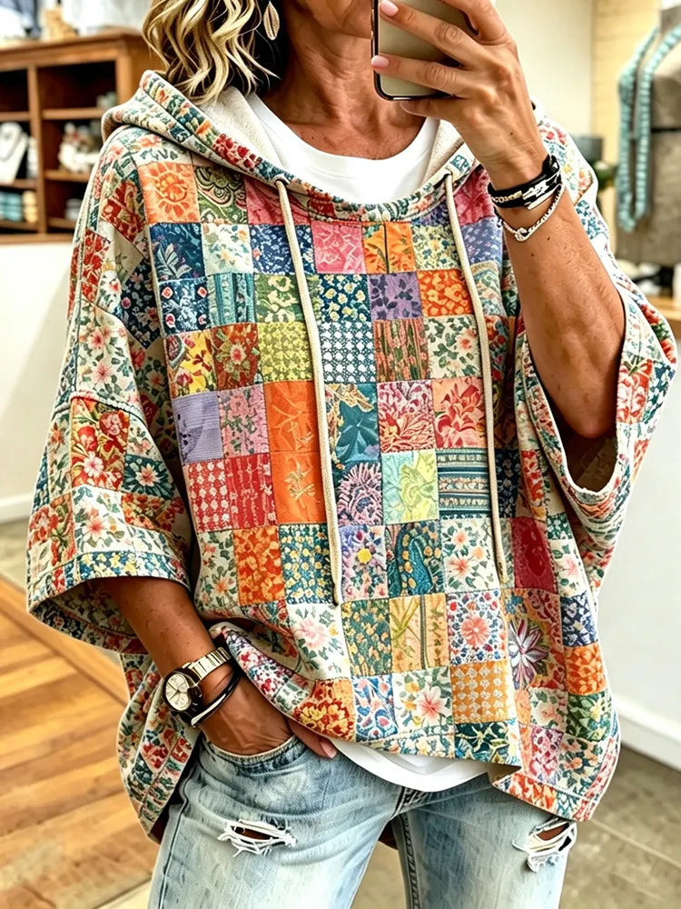 Cardydony Women's Boho Casual Hooded Sweatshirt - Colorful Floral Patchwork Print Pullover Top