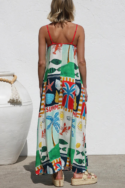 Cardydony Women's Summer-themed Printed Square Neck Sleeveless Pocket Loose Maxi Dress