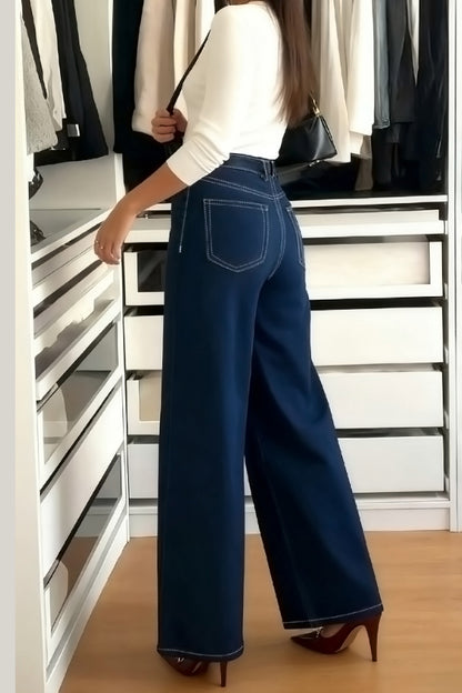 Cardydony Women's  Stylish High-waisted Pocket Casual Straight-leg Wide-leg Jeans